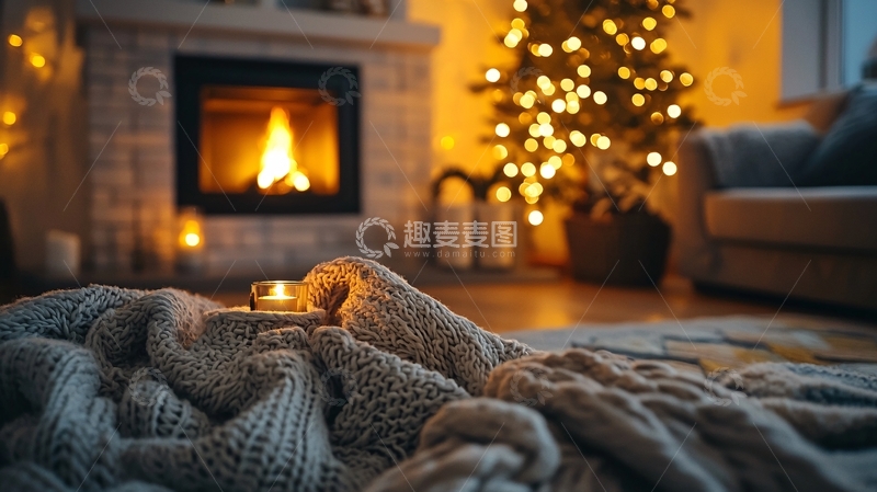 高清大图下载【趣麦麦图】温暖的壁炉旁毛毯和蜡烛