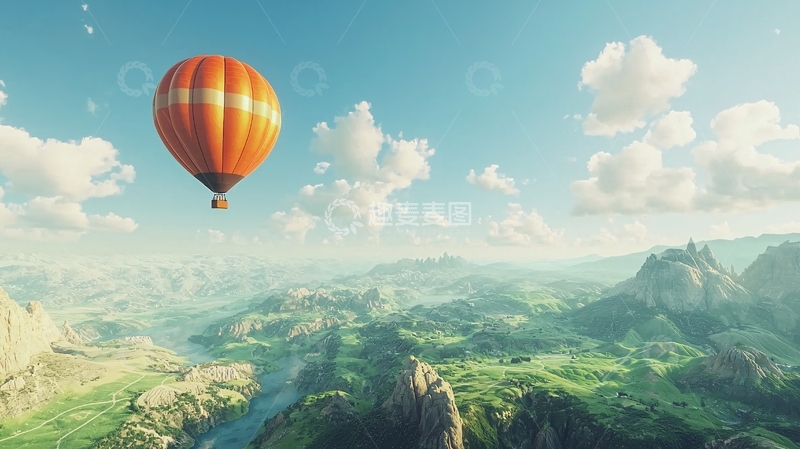 高清大图下载【趣麦麦图】热气球飞跃山川