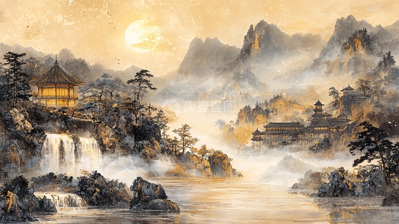 高清大图下载【趣麦麦图】月夜山水楼阁水墨画风