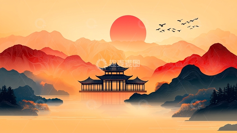 高清大图下载【趣麦麦图】中国风山水日出建筑