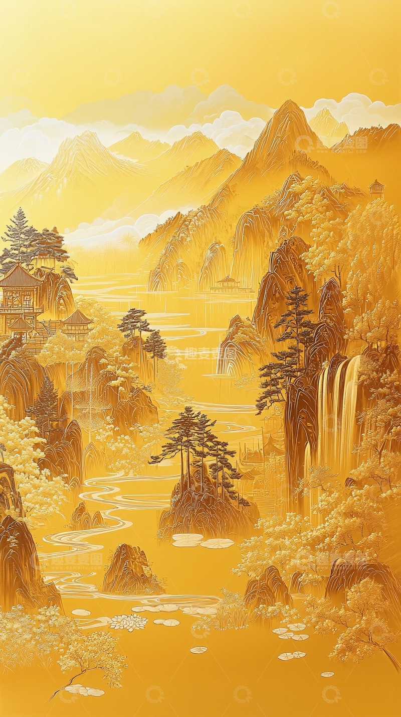 高清大图下载【趣麦麦图】金色山水水墨画