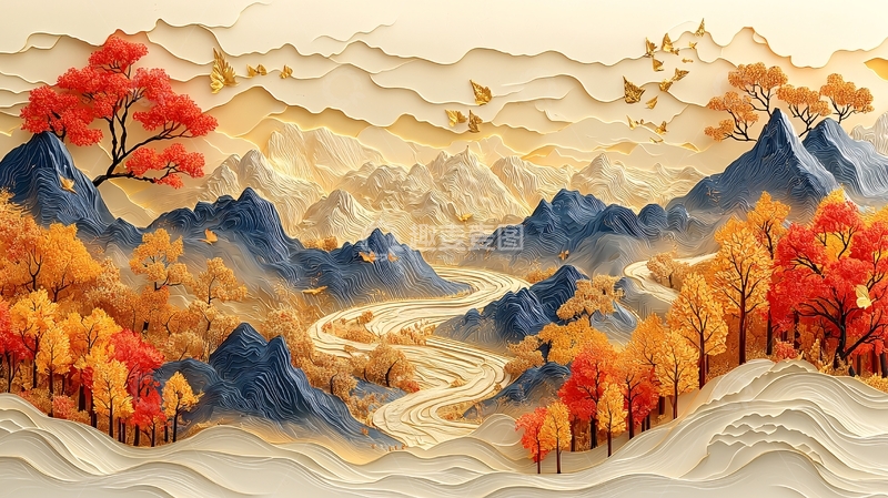 高清大图下载【趣麦麦图】水墨风格秋日山景图