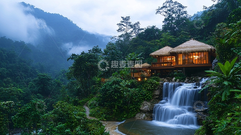 高清大图下载【趣麦麦图】山林别墅瀑布景色