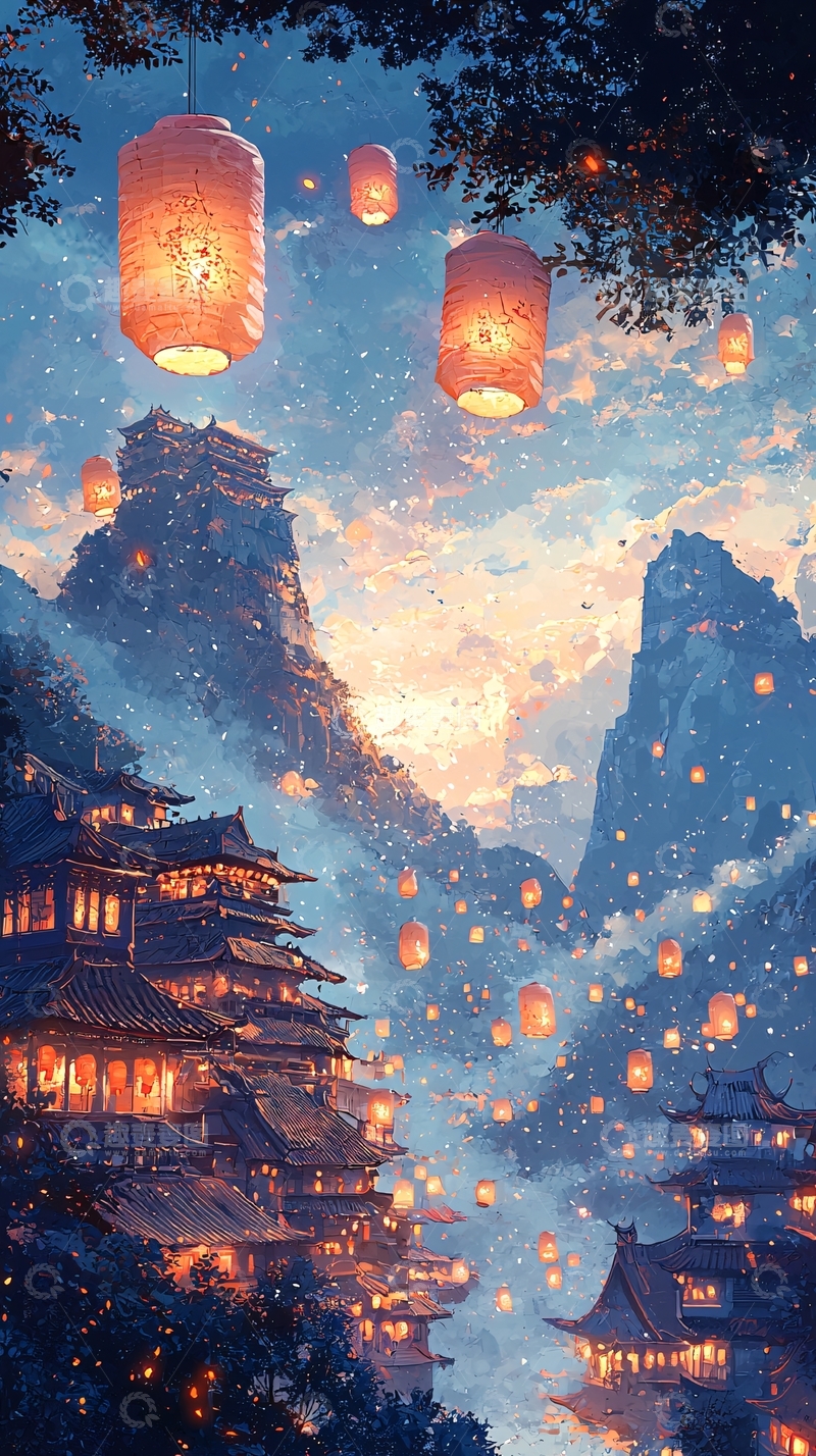 高清大图下载【趣麦麦图】灯笼点亮的山间古镇夜景