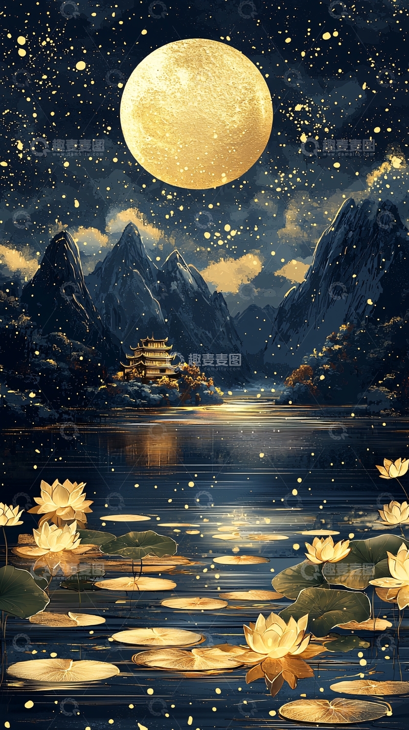 高清大图下载【趣麦麦图】金色满月山水荷花夜景