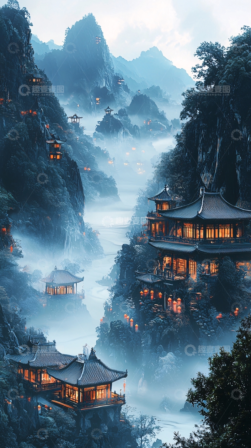 高清大图下载【趣麦麦图】山间云雾缭绕的古建筑群