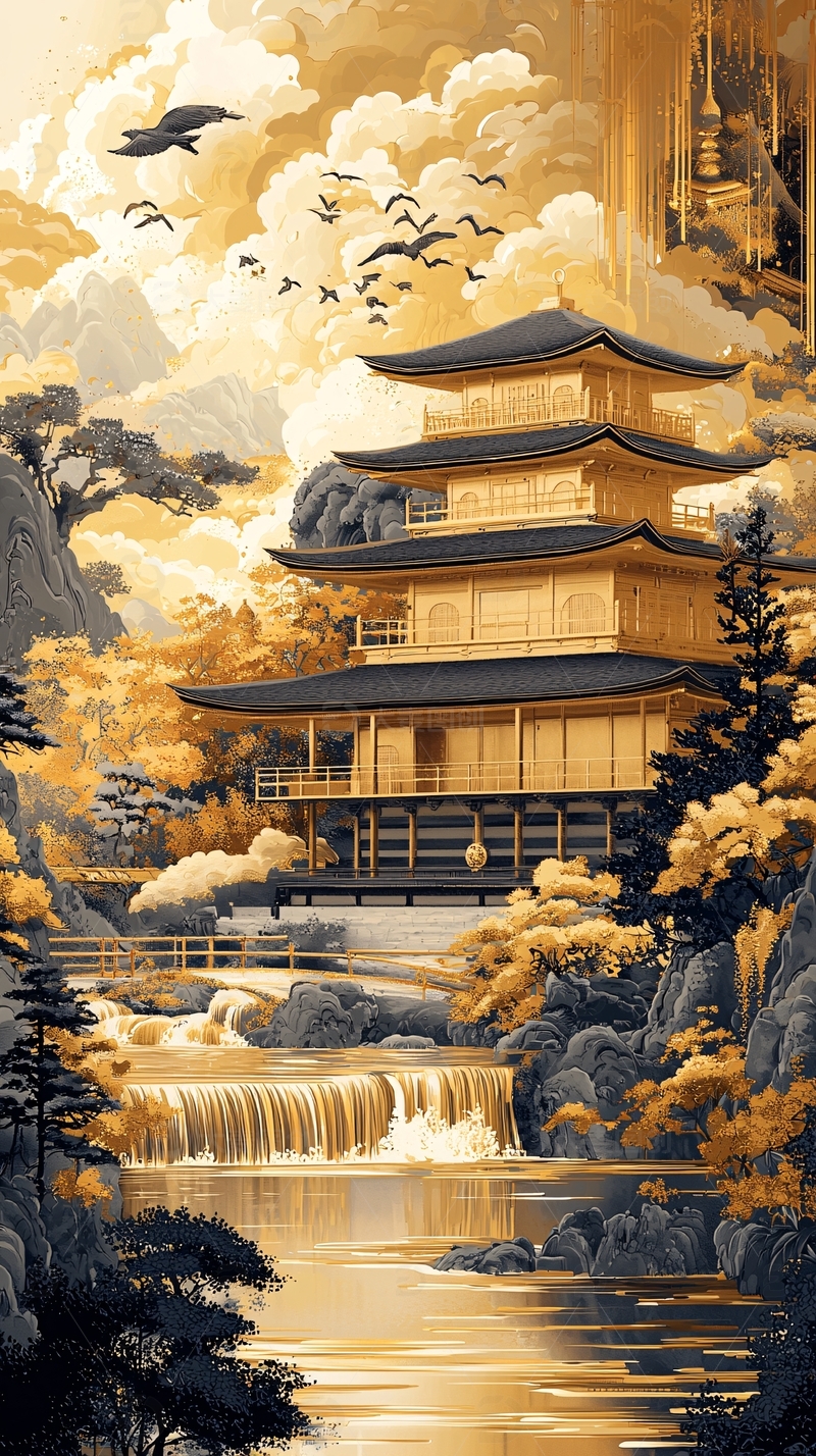 高清大图下载【趣麦麦图】金色古风建筑山水图