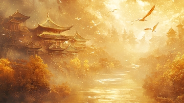 金色云雾缭绕的古风建筑