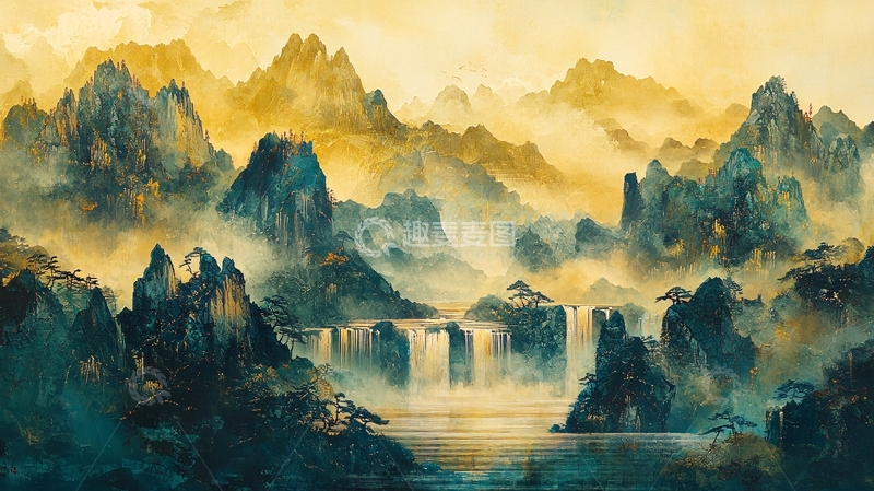 高清大图下载【趣麦麦图】金色山峦水墨画
