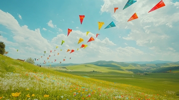 彩色风筝飞舞在绿色的田野上