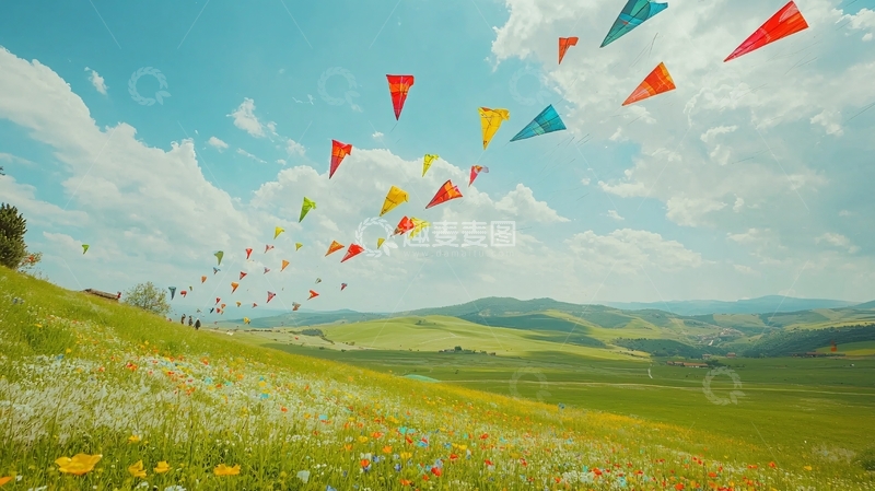 高清大图下载【趣麦麦图】彩色风筝飞舞在绿色的田野上