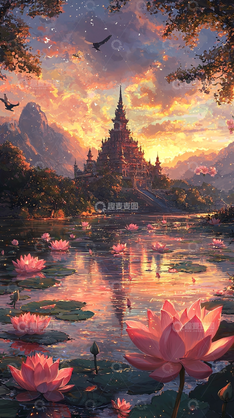 高清大图下载【趣麦麦图】湖面莲花寺庙夕阳晚霞