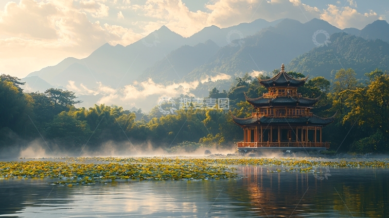 高清大图下载【趣麦麦图】湖边中式古典建筑