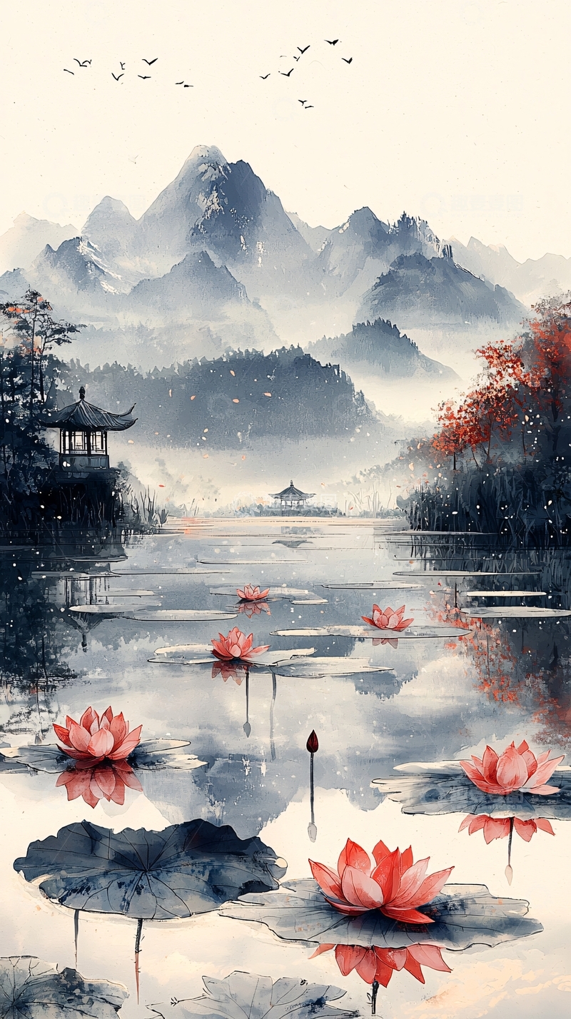 高清大图下载【趣麦麦图】水墨山水荷花亭台