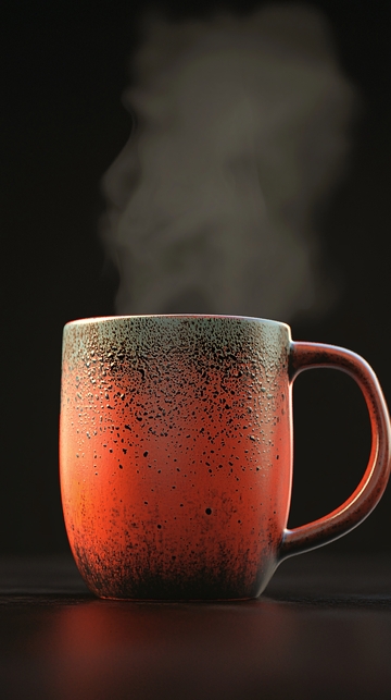 热气腾腾的红色陶瓷马克杯