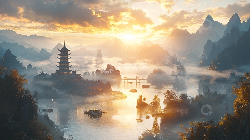 高清大图下载【趣麦麦图】东方水墨山水日出云霞