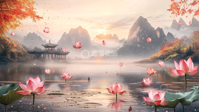 高清大图下载【趣麦麦图】秋日山间湖泊落英缤纷