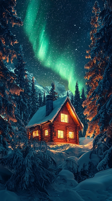 极光下的雪夜木屋