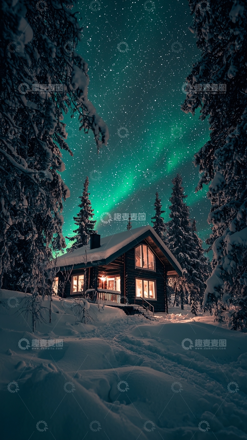 高清大图下载【趣麦麦图】极光下雪夜木屋