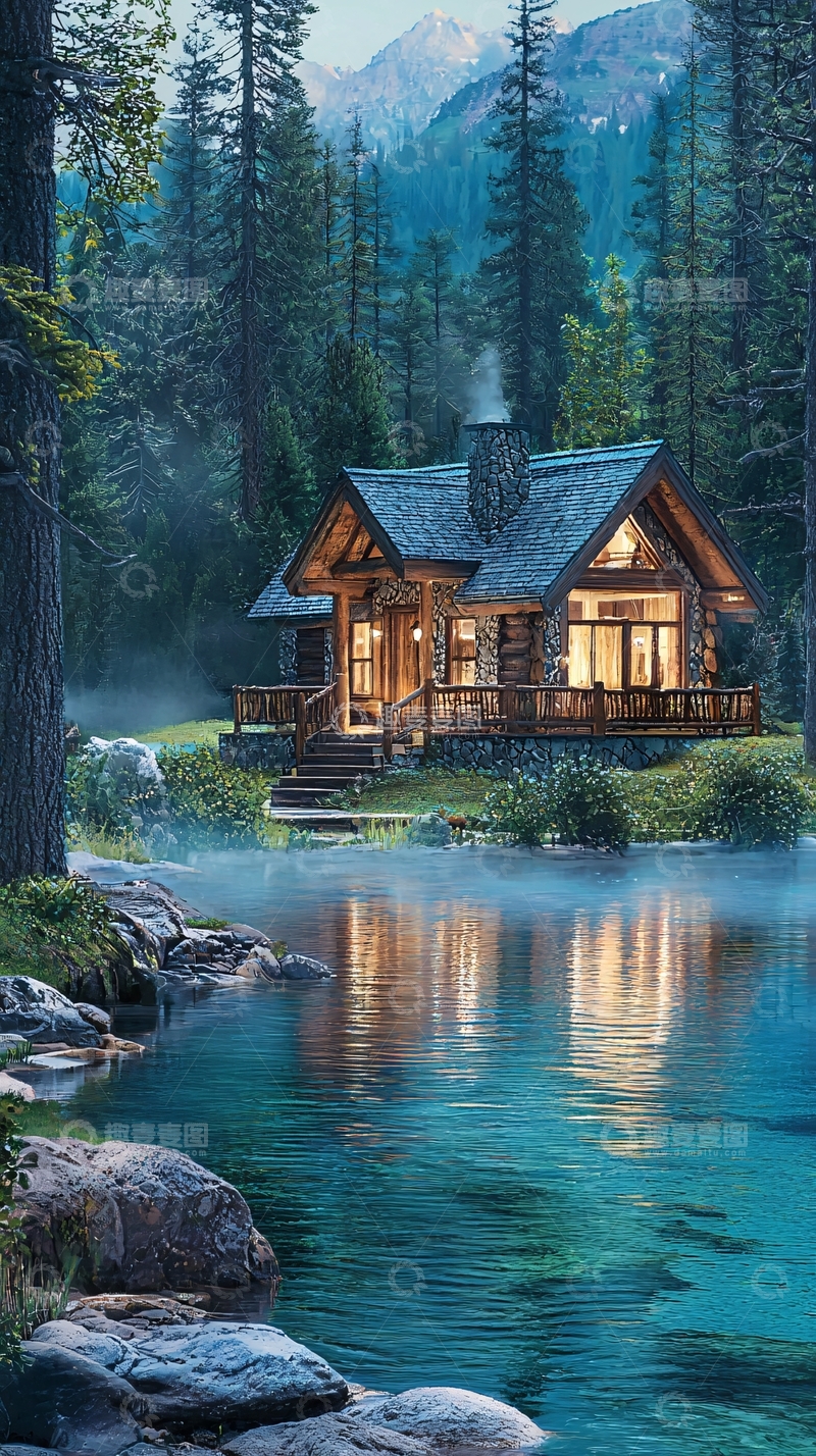 高清大图下载【趣麦麦图】湖边森林木屋