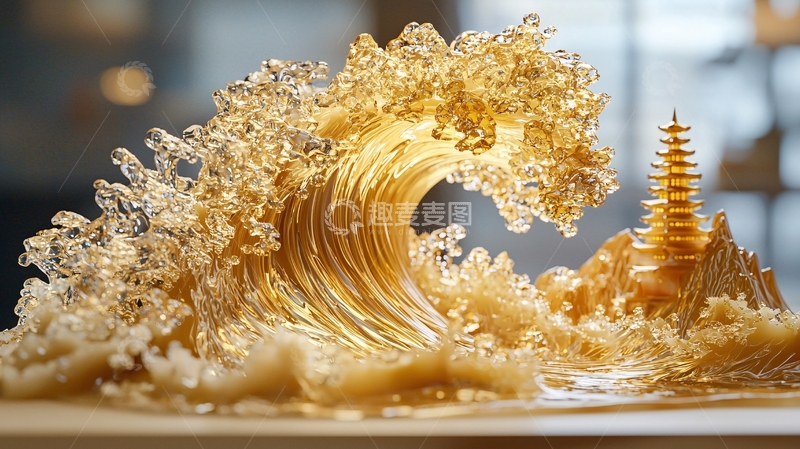 高清大图下载【趣麦麦图】金色海浪与宝塔雕塑