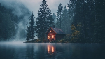 雾气森林湖边小屋