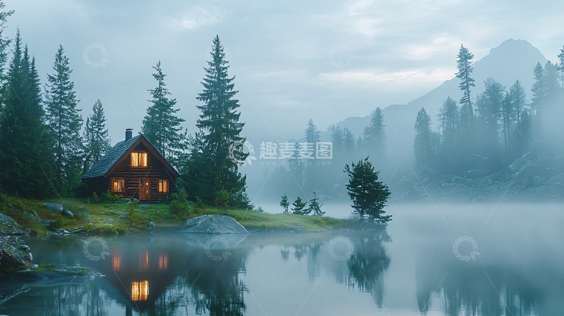 高清大图下载【趣麦麦图】雾气笼罩下的湖边木屋