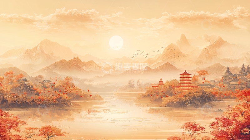 高清大图下载【趣麦麦图】水墨山水日出江山如画