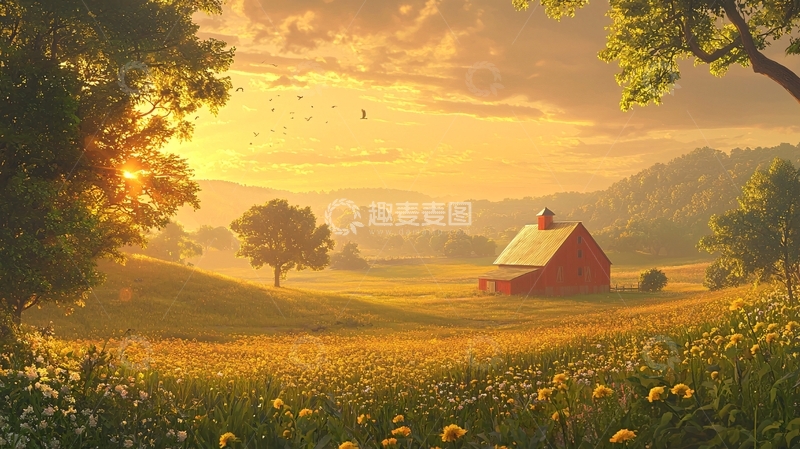 高清大图下载【趣麦麦图】金色田野里的红色农舍