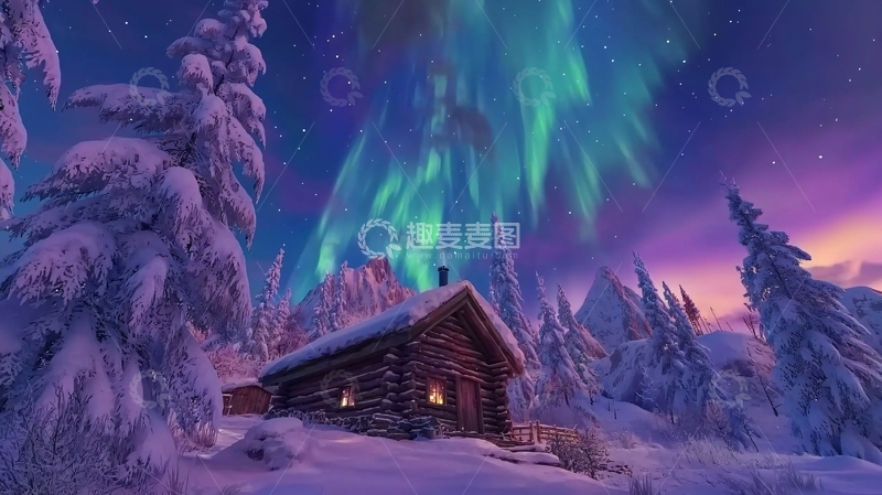 高清大图下载【趣麦麦图】极光下的雪夜木屋