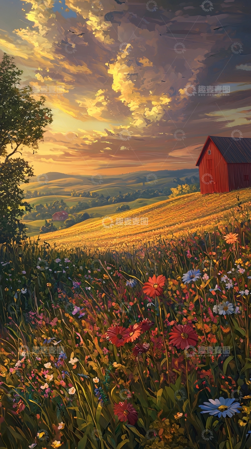 高清大图下载【趣麦麦图】夕阳下的红色谷仓