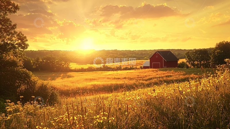 高清大图下载【趣麦麦图】日落田园红谷仓
