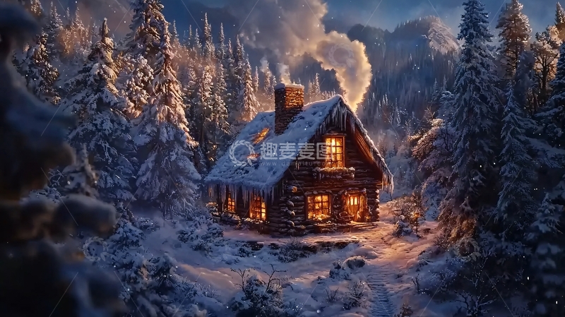 高清大图下载【趣麦麦图】雪山小屋夜景