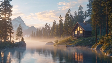 清晨山林小屋湖景