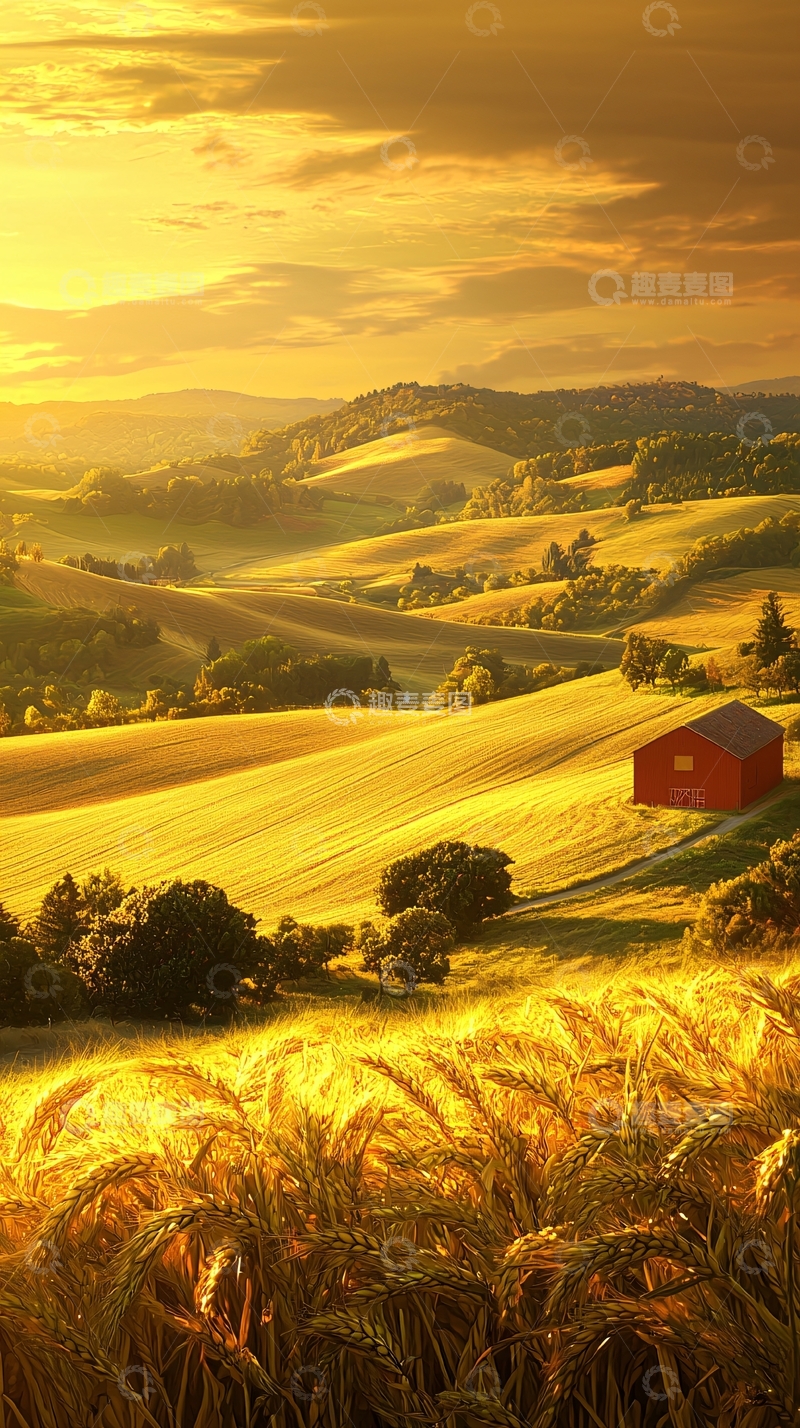 高清大图下载【趣麦麦图】金色麦田里的红色谷仓