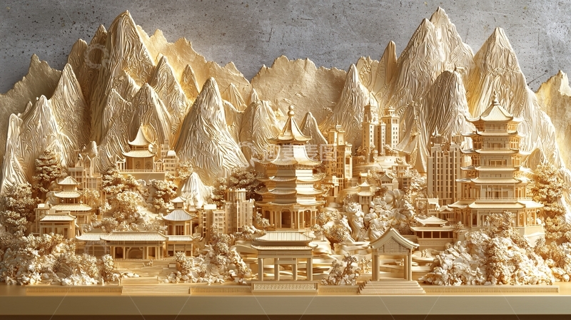 高清大图下载【趣麦麦图】立体雕刻的东方山水城市