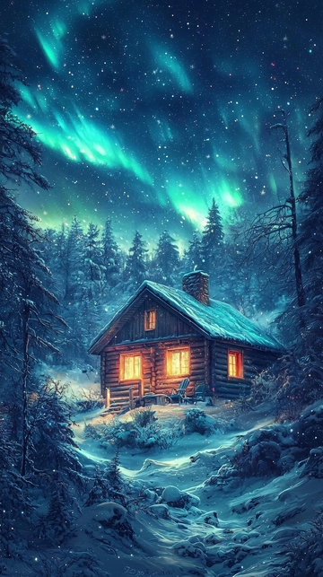 极光下的雪夜木屋