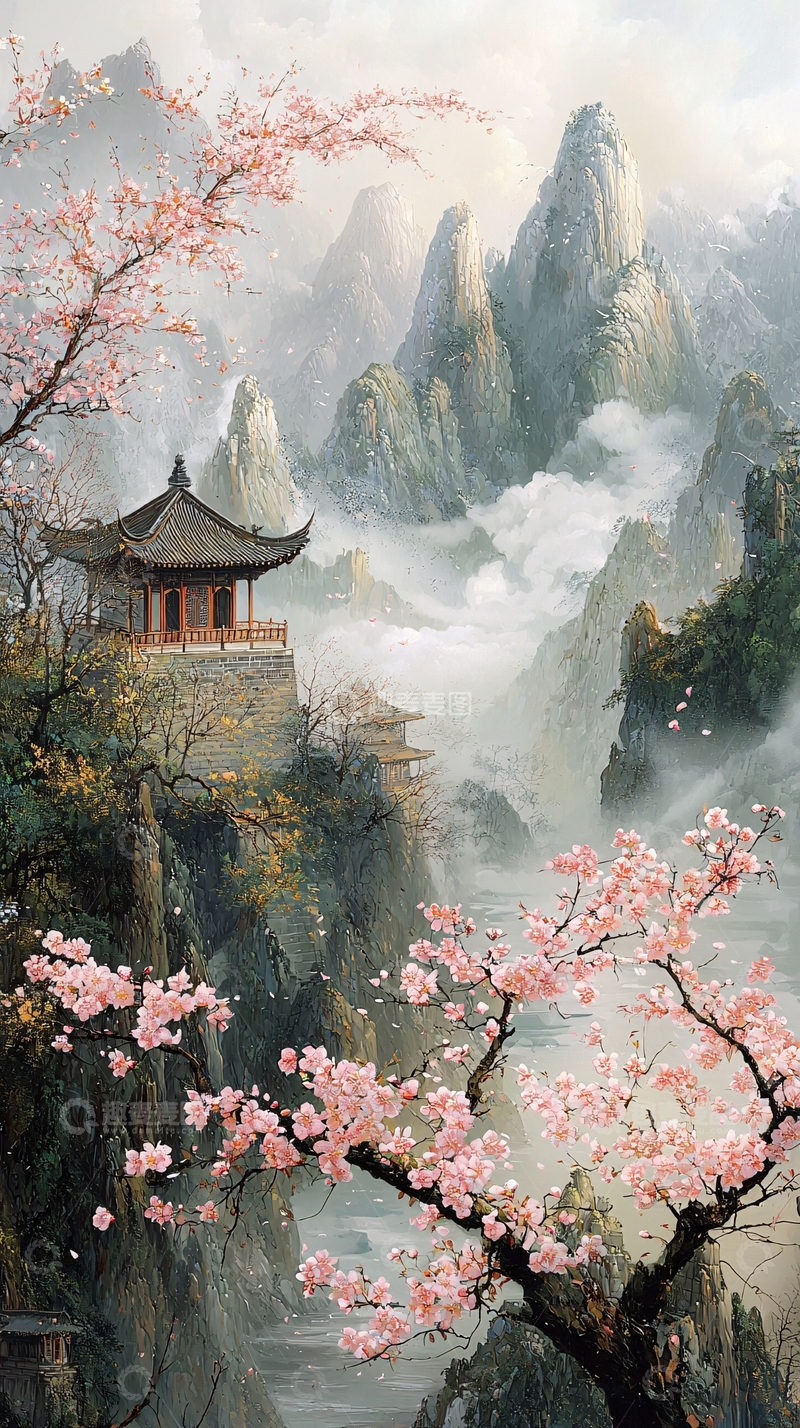 高清大图下载【趣麦麦图】水墨风山水桃花亭台楼阁