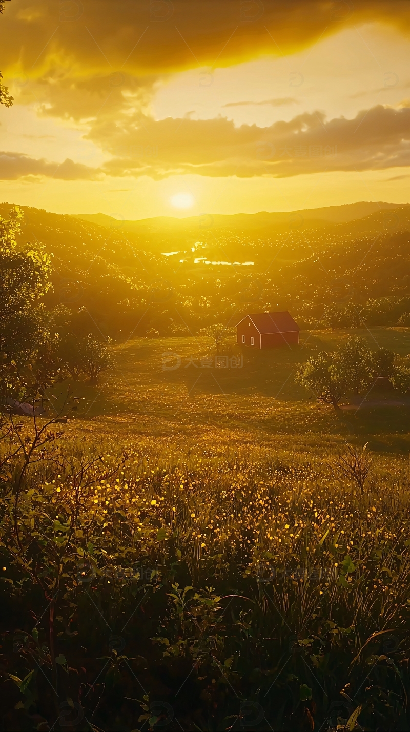 高清大图下载【趣麦麦图】金色夕阳下的乡村小屋