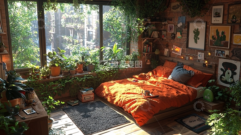 高清大图下载【趣麦麦图】充满绿植的温馨卧室