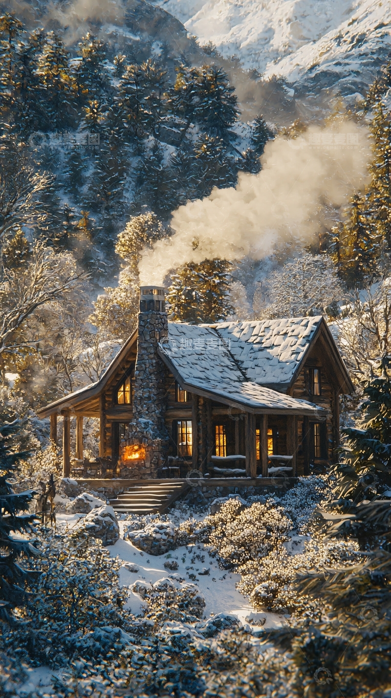 高清大图下载【趣麦麦图】雪山木屋
