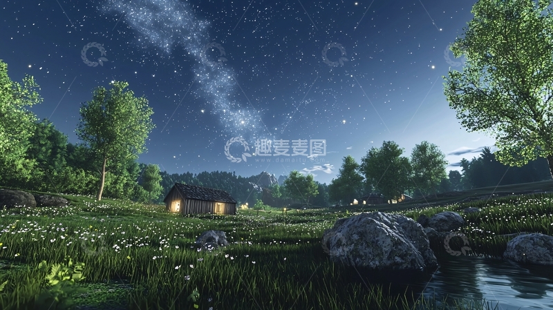 高清大图下载【趣麦麦图】星空下的木屋