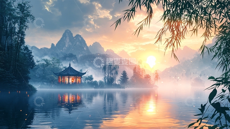 高清大图下载【趣麦麦图】湖边亭子日出风景
