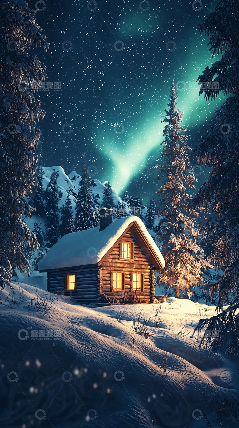 高清大图下载【趣麦麦图】极光下的雪山木屋