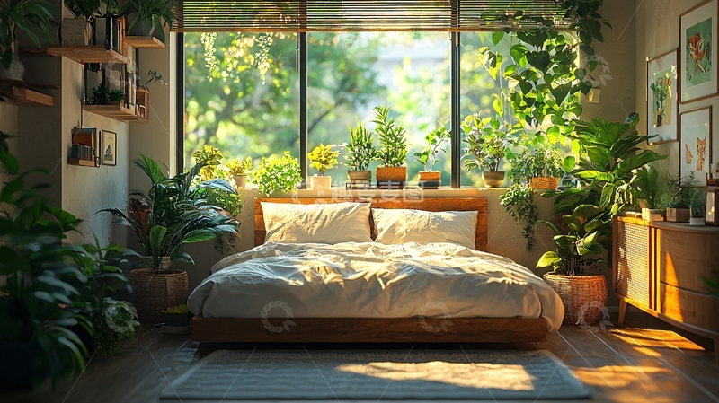 高清大图下载【趣麦麦图】阳光洒满卧室的绿植房间