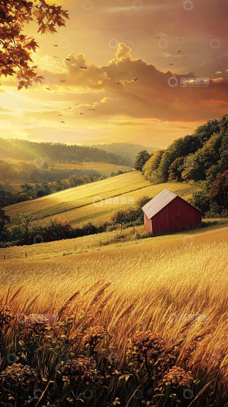 高清大图下载【趣麦麦图】金色麦田红屋