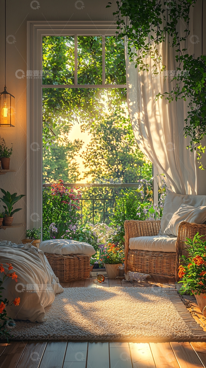 高清大图下载【趣麦麦图】阳光洒满阳台的休闲角落