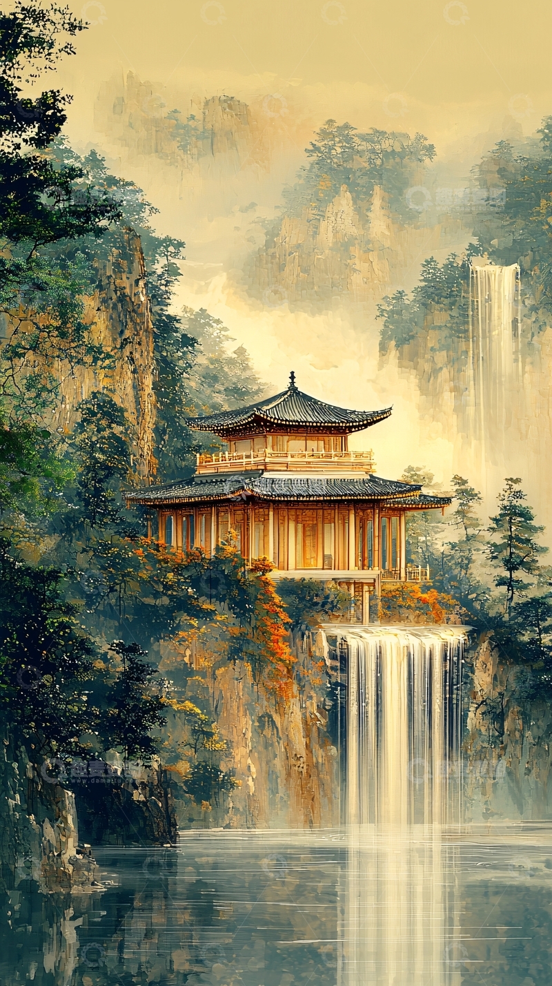 高清大图下载【趣麦麦图】中国风山水楼阁瀑布图