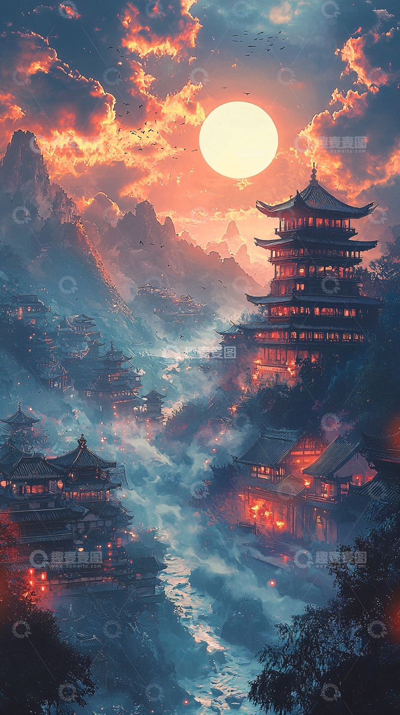 高清大图下载【趣麦麦图】日落山间古建筑