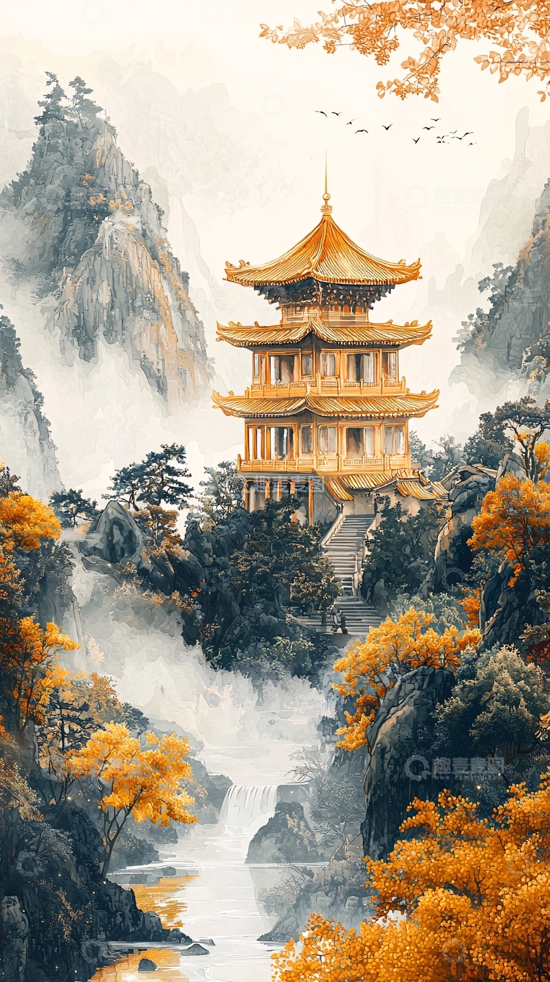 高清大图下载【趣麦麦图】金色山顶寺庙水墨风